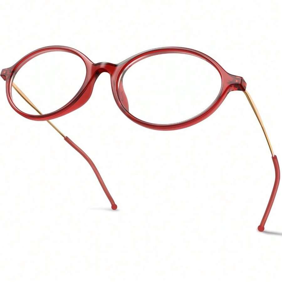 VISOONE - Gafas ovaladas con bloqueo de luz azul para mujer, lentes pequeñas y ligeras con marco de metal, MONA - Rojo Borgoña - Ver 1