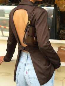 Women's New Fashion European And American Style Versatile Backless Satin Casual Long Sleeve Blazer - Brown - View 10