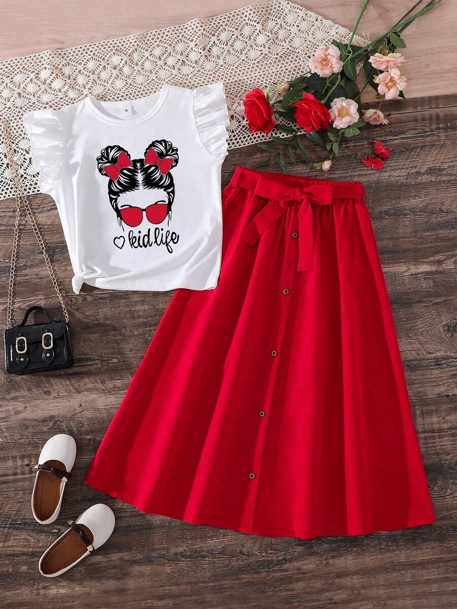 Tween Girl Cartoon Print T-Shirt And Button Front Skirt Set - Red - View 1