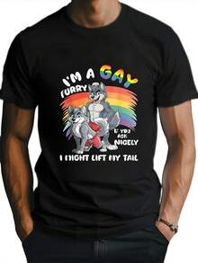 Men'S & Women'S LGBTQ+ Furry Pride T-Shirt |   Soft 100% Retro Fox Character & Furry Design With I'm A Gay Furry Slogan, Rainbow Colors Unisex Crew Neck Short Sleeve Shirt For Gay Pride Month, Furry Conventions & Casual Wear - Funny Furry Saying - 黑色 - 查看 1