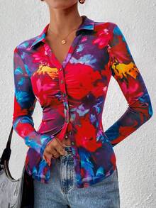 Women Button Down Floral Shirts  Fall Long Sleeve V Neck Ruched Fitted Mesh Blouse Tops Date Outfits Valentine's Day Vacation Fall Clothes For Women - 番紅大花 - 查看 5