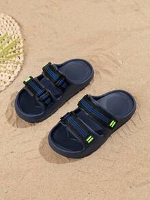 1 Pair Summer Outdoor New Soft & Durable EVA Casual Slippers, Unisex Kids Toddlers, Woven Strap Hook And Loop, Minimalist Fashion Beach Holiday Sandals - Blue - View 4