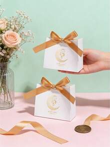 10pcs/Set Star & Moon Gift Box, Castle Pattern, Gold & White, DIY Candy Paper Box With Ribbon Bow, Gift Packaging, 1pc/5pcs/10pcs Set - Multicolor - View 2