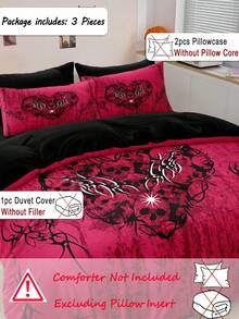 3件套哥特式黑色和粉色荆棘骷髅心形金属网数码印花被套套装（1个被套+2个枕套，不含填充物），柔软亲肤的涤纶面料，适合日常使用，四季皆宜，适合主卧、客房和次卧。 - 彩色 - 查看 2