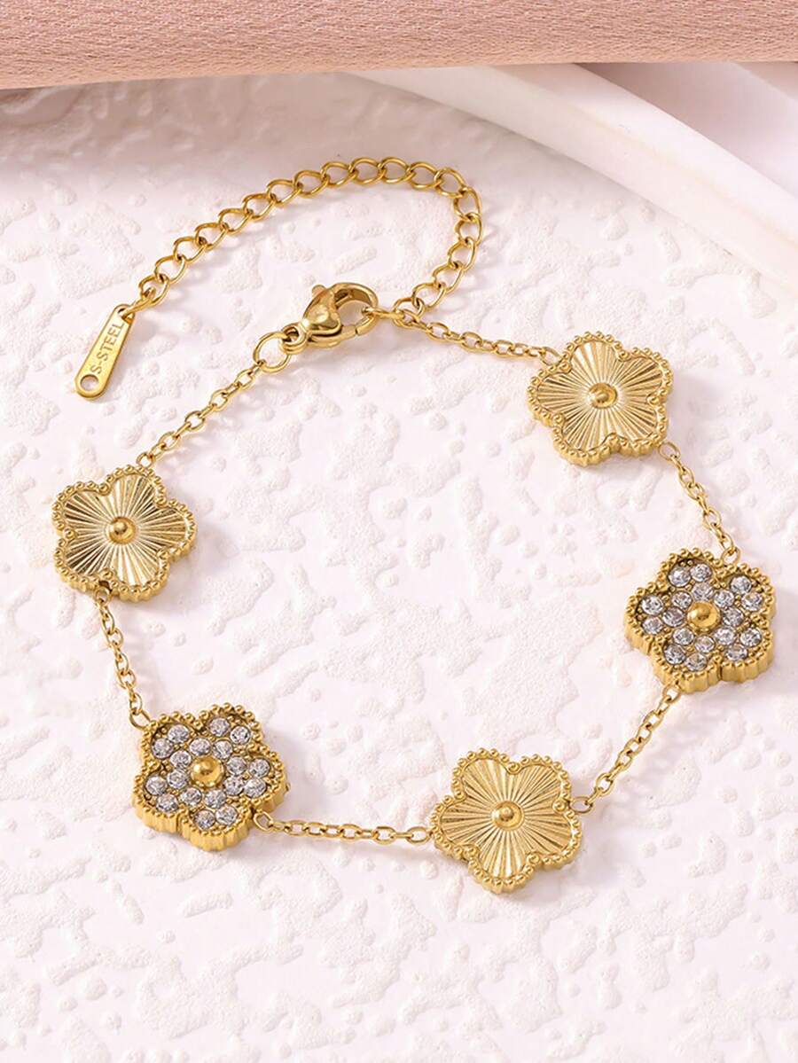 1pc Stainless Steel Fashionable Chic 5-Petal Flower Laser Bracelet For Women - Five-leaf Flower Diamond Bracelet - View 1
