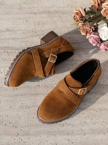 女士软底高跟鞋，粗跟时尚显瘦百搭浅口鞋，花卉搭扣交叉绑带低粗跟复古玛丽珍鞋，粗跟乐福鞋 - 棕色 - 查看 2