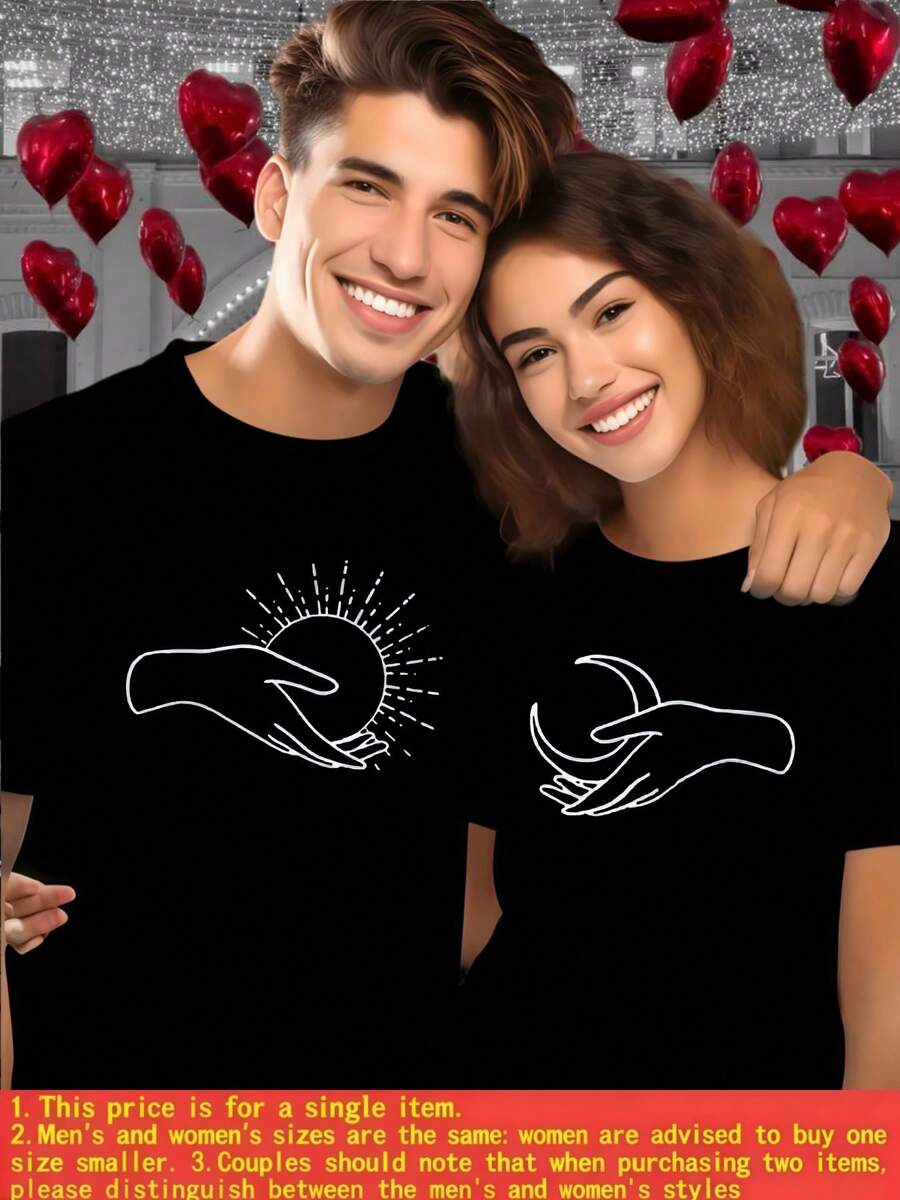 1pcs Unisex Valentine's Day Couple Pajamas Gifts For Her/His T Shirt Features Hands Holding Sun Moon Celestial Lovers Matching Set 100% Cotton - Male-bl - View 1