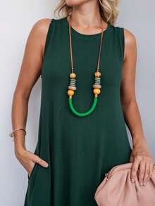 Long Dress In Viscose/Lycra Blend With Side Pockets. - Dark Green - View 4