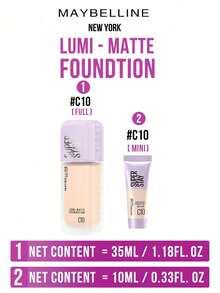 Maybelline Kem nền lì NEW YORK LUMI-MATTE #C10 Hồng sứ trắng 35ml/10ml, nhẹ, lâu trôi, công nghệ tạo màng thoáng khí, chống mồ hôi với lớp nền lì tự nhiên, độ che phủ mỏng nhẹ với hiệu ứng sáng mịn tinh tế, giúp tạo nên làn da đều màu và mịn màng, phù hợp với làn da trắng sáng có tông lạnh, thích hợp cho người mới bắt đầu trang điểm và sử dụng hàng ngày, lý tưởng cho trang điểm hàng ngày, món quà tinh tế dành cho bạn gái. - C10 - Xem 4