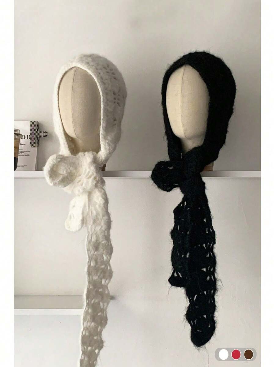 1pc Handmade Crocheted High-Quality Knitted Hat For Women, Autumn/Winter Wool Balaclava Warm Hat Scarf Set, Knitted Beanie With Scarf And Ear Warmer - Multicolor - View 1