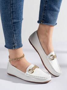 Women's Spring/Autumn Rhinestone Decor Flat Loafers, New Spring/Summer White Lychee Grain Slip-On Loafers With Metal Crystal Chain Decoration, Versatile Outdoor Comfortable Moccasins - White - View 6