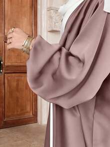 Women's Solid Color Elegant Satin Puff Sleeve Abaya Robe Cardigan + Belt, No Headscarf No Inner Wear, Quick Ship - Camel - View 5