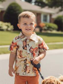 Baby Boys Western Shirts Short Sleeve Horse/Boots Print Button Down Shirts Toddler Summer Tops - 咖啡棕 - 查看 1