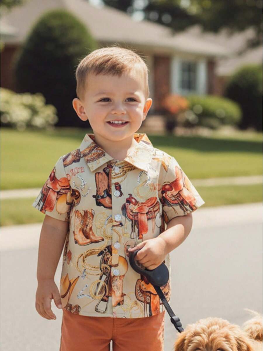 Baby Boys Western Shirts Short Sleeve Horse/Boots Print Button Down Shirts Toddler Summer Tops - 咖啡棕 - 查看 1