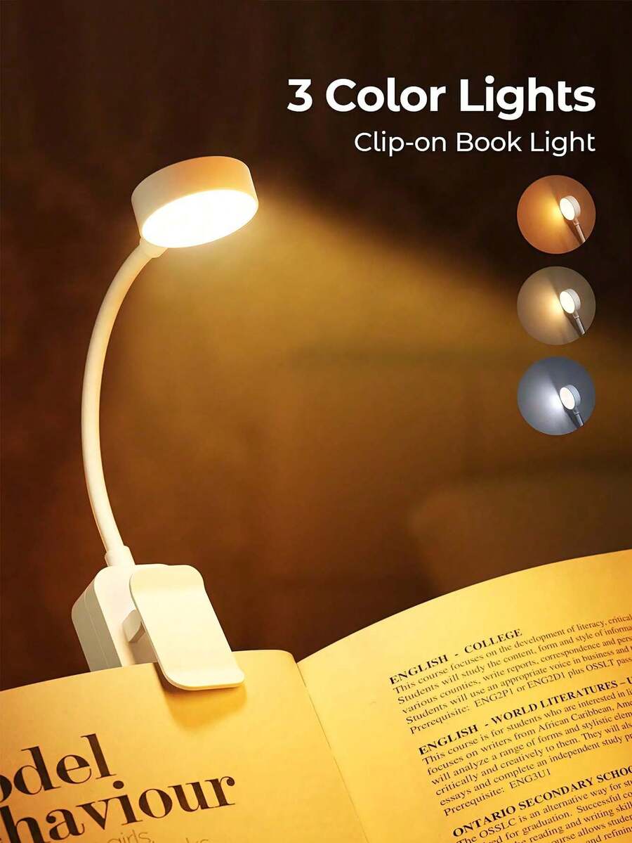 1pc Black/White Clip-On Book Light, Eye-Caring Reading Lamp, 3 Color Temperatures, Dimmable, Mini Portable Clip-On Reading Light (Battery Not Included), Book Light, Reading Lamp, Fun Gift, Gift For Book Lovers, Book Accessories, Bedroom Light - Mini Book Clip Light - View 1