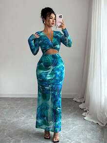 Rochie elegantă de damă, casual, cu mânecă lungă, înnodată, răsucită, decupată și crăpată, pentru birou, călătorii și plajă - Verde - Vizualizare 4