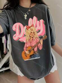 Women'S Retro Dolly Parton Cowgirl Graphic T-Shirt - Pink Western Tee With Dolly Parton & Guitar Design, Soft Everyday Shirt For Country Music Fans - màu đen - Xem 7