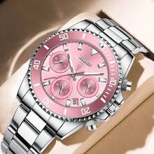 BIDEN 1pc Ladies' Watch, Chronograph, Waterproof, Calendar, Stainless Steel Strap, Stylish And Elegant Quartz Ladies' Watch+Free Steel Strip Cutting Tool+Free Box - Pink - View 12