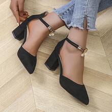 女士新款尖头镂空珍珠高跟鞋，性感粗跟时尚凉鞋 - 黑色 - 查看 8