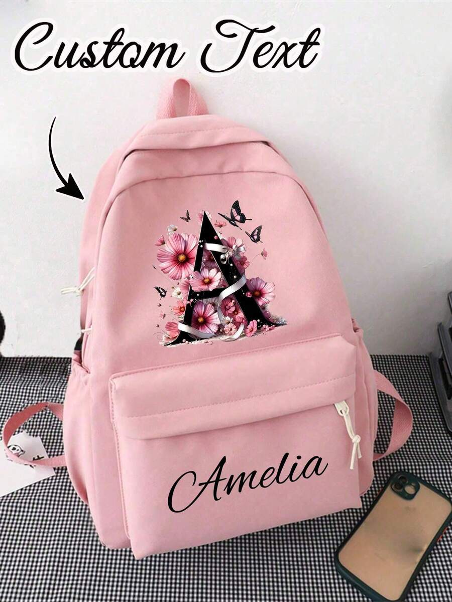1 pieza Mochila de viaje personalizada con 26 letras personalizadas, mochila casual de nailon de unicolor con personalización de nombre exclusivo - Multicolor - Ver 1