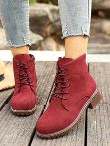 New Fashionable Minimalist Mid-Calf/Ankle Boots With Side Zipper, Chunky Heel, Retro British Style, Versatile - Red - View 4
