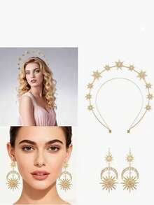 Bộ 3 món phụ kiện đội đầu và bông tai hình nữ thần ngôi sao, băng đô kim loại hình vòng hào quang, phù hợp cho nhiều lễ hội, váy cưới cô dâu, tiệc tùng, hóa trang, trang phục nữ thần. - Vàng - Xem 2