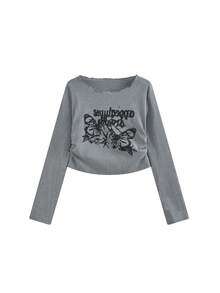 Áo thun dài tay in họa tiết phong cách Mỹ cổ điển, áo croptop thắt eo. - Xám - Xem 6