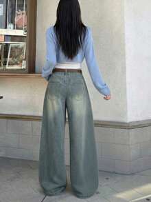 YEAE | Retro A-Line Wide Leg Jeans, New Pear-Shaped Slimming Loose Draping Relaxed Maxi Pants - Medium Wash - View 3