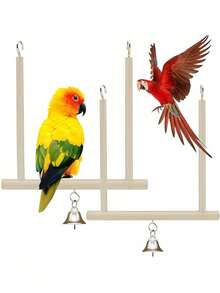 1pc/2pcs Parrot Chewing Toy, Natural Wooden Perch, Bird Playground Toy, Swing, Bird Cage Accessories, Bird Supplies, Vocalization Bell Perch