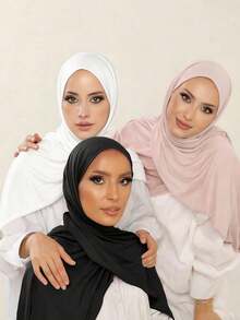 3pcs Jersey Hijabs Set, Classic Solid Color Silky Cotton 170*60cm Long Scarf Instant Head Cover Shawl, Suitable For Daily Casual, Outdoor, Gift - Multicolor - View 3