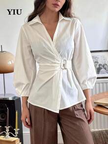 Chemise blanche à manches longues et à manches bouffantes, col chemise, design taille cintrée, ourlet asymétrique, pour un port décontracté, marque YIU - Blanc - Voir 7