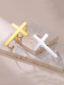 TEAMER 1pc Minimalist Stainless Steel Cross Midi Ring, Adjustable Open Band, Unisex Fashion Punk Style Gift - Simple Series - View 7