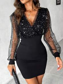 ChicMe Women Glitter Sheer Mesh Spliced Overlap V-Neck Lantern Sleeve Ruched Slim Fit Mini Party Evening Dress - Black - View 6