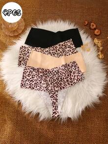 4条装女士无缝豹纹性感丁字裤，弹性透气 - 彩色 - 查看 1