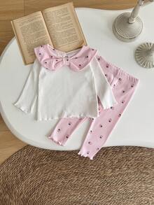 2pcs/Set Toddler Baby Girls' Cute Strawberry Print Bow Decor Long Sleeve Sweatshirt And Pants Set, Spring/Autumn - Pink - View 5