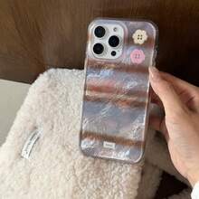 Soft Feather Chiffon Dual Layer Pink Gray Brown Striped Floral Button 17 Pro Max Phone Case, Compatible With Iphone 16 Pro Max, 15 Pro, 14, 13, Cute & Fashionable For Girls - Multicolor - View 5