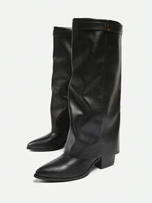 女士阔腿裤搭配尖头高筒靴，2025夏季新款西部牛仔靴 - 黑色 - 查看 2