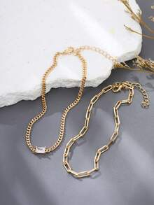 Nooxian 2件套派对风极简性感金色十字链和条形链叠层脚链，镶嵌方形锆石，独特原创女士脚部饰品礼品 - 金黃色 - 查看 5