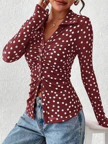Women Button Down Floral Shirts  Fall Long Sleeve V Neck Ruched Fitted Mesh Blouse Tops Date Outfits Valentine's Day Vacation Fall Clothes For Women - Đáy màu đỏ rượu vang và trắng lượn sóng - Xem 4
