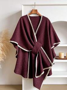 1 Stück eleganter einfarbiger Fransen-Strick-Poncho-Schal, modische vielseitige dicke warme lose Damen-Strickjacken-Umhang-Oberbekleidung, geeignet für den täglichen Gebrauch, Herbst/Winter