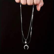 欧美跨境时尚男士星月双层项链，叠戴设计男士项链 - 銀色 - 查看 3