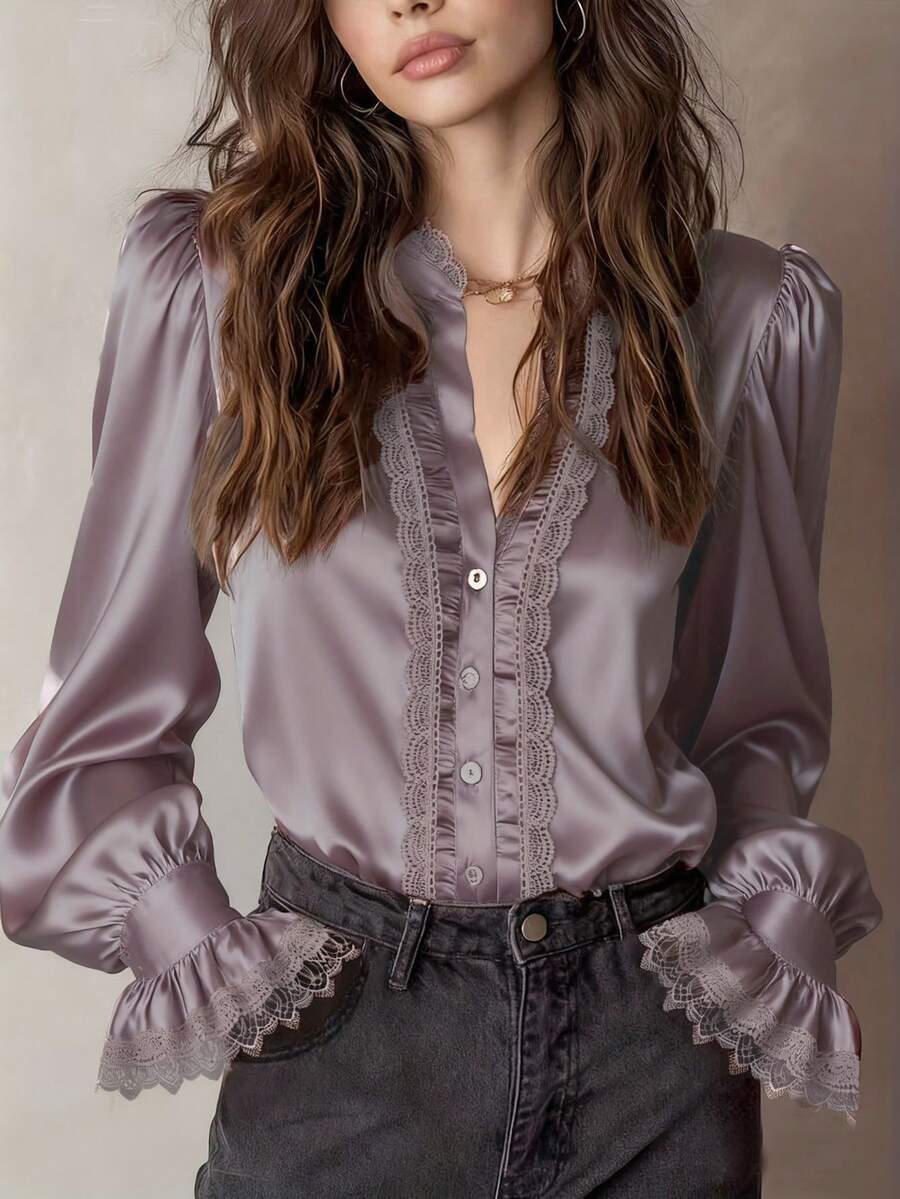 Women's Elegant Elegant Office Commute Date Solid Color Satin Contrast Lace Ruffle Sleeve Blouse, Spring/Autumn - Dusty Purple - View 1