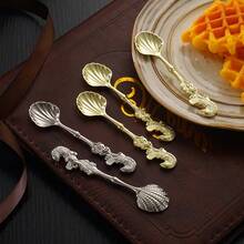 4件套复古鲤鱼/美人鱼咖啡勺、创意贝壳甜点勺、欧式复古鱼形搅拌茶匙、小茶匙、咖啡吧配件