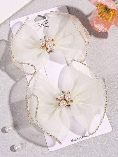 2 piezas Elegantes Clips de Pelo con Lazo de Perlas Falsas para Niñas - Clips de Pelo con Borde Dorado y Malla, Diseño Antideslizante, Clips de Pelo con Lazo de Malla con Perlas Incrustadas en Tela Transparente, Adecuados para Uso Diario y Ocasiones Especiales, Accesorios de Pelo para Adolescentes