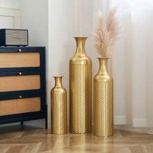 Set Of 3 Large Gold Floor Vases - Decorative Floor Vases With Textured Pattern (50/66/83 Cm) Tall Metal Planters, Decorative Vases For Living Room And Hallway In Vintage Design - Gold - View 8