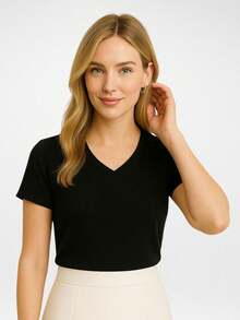 Set Of 3 Women's Basic Casual V-Neck Blouses, 100% Cotton - Size G00 - 彩色 - 查看 4