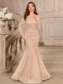 MIUSOL 优雅亮片花卉蕾丝长袖撞色网纱鱼尾正式派对长裙，适合正式晚宴、盛大庆典、婚礼宾客、毕业典礼及其他春季正式场合。 - 香檳色 - 查看 7