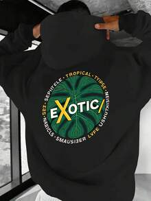 Men's Leisure Hoodie With Exotic Tropical Monstera Leaf Print - 250g, Loose Fit, Long Sleeves, Hood With Drawstring, Non-Stretchable Fabric, For Autumn And Winter Outdoor Activities, Casual Hoodie |     Casual Style Hoodie |     Non-Stretchable Fabric - 黑色 - 查看 7