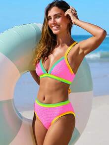 popvil 女士撞色霓虹条纹华夫格纹理后背交叉绑带比基尼套装，适合夏季度假海滩穿着 - 粉色 - 查看 5