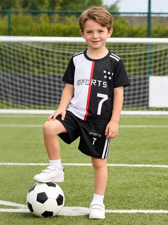 2pcs/Set Young Boy's Casual Sports Style Outfit, Black & White Contrast Color Block "SPORTS" Letter Striped Star Number "7" Graphic Round Neck Short Sleeve T-Shirt Paired With Loose Black Shorts, Football Uniform Set, Suitable For Outdoor, Back To School, Commute, Social Events, Spring/Summer